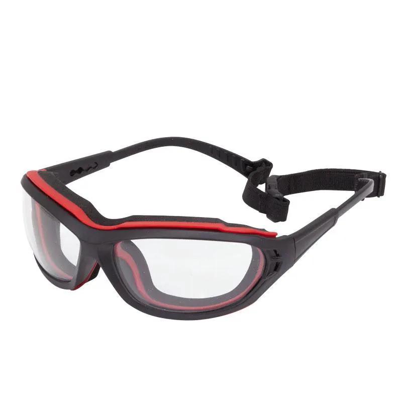 Vented safety glasses with dual vent system, black frame red accents, adjustable strap on Tampa Home & Garden Store