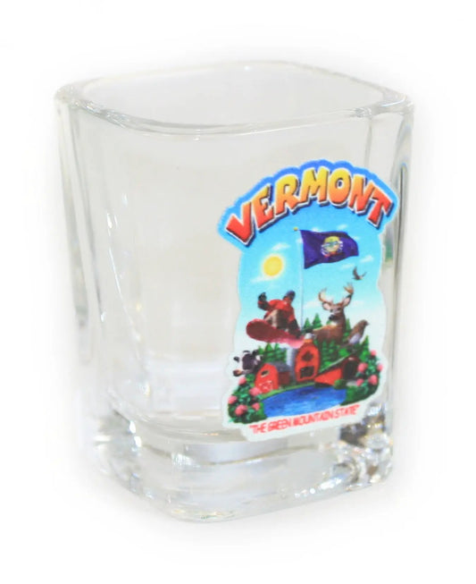 Vermont Maple Syrup shot glass, clear glass with colorful Vermont montage souvenir sticker on Tampa Home & Garden Store