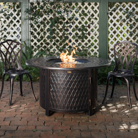 Verona 44in round woven aluminum gas fire pit table dark bronze with flames on Tampa Home & Garden Store