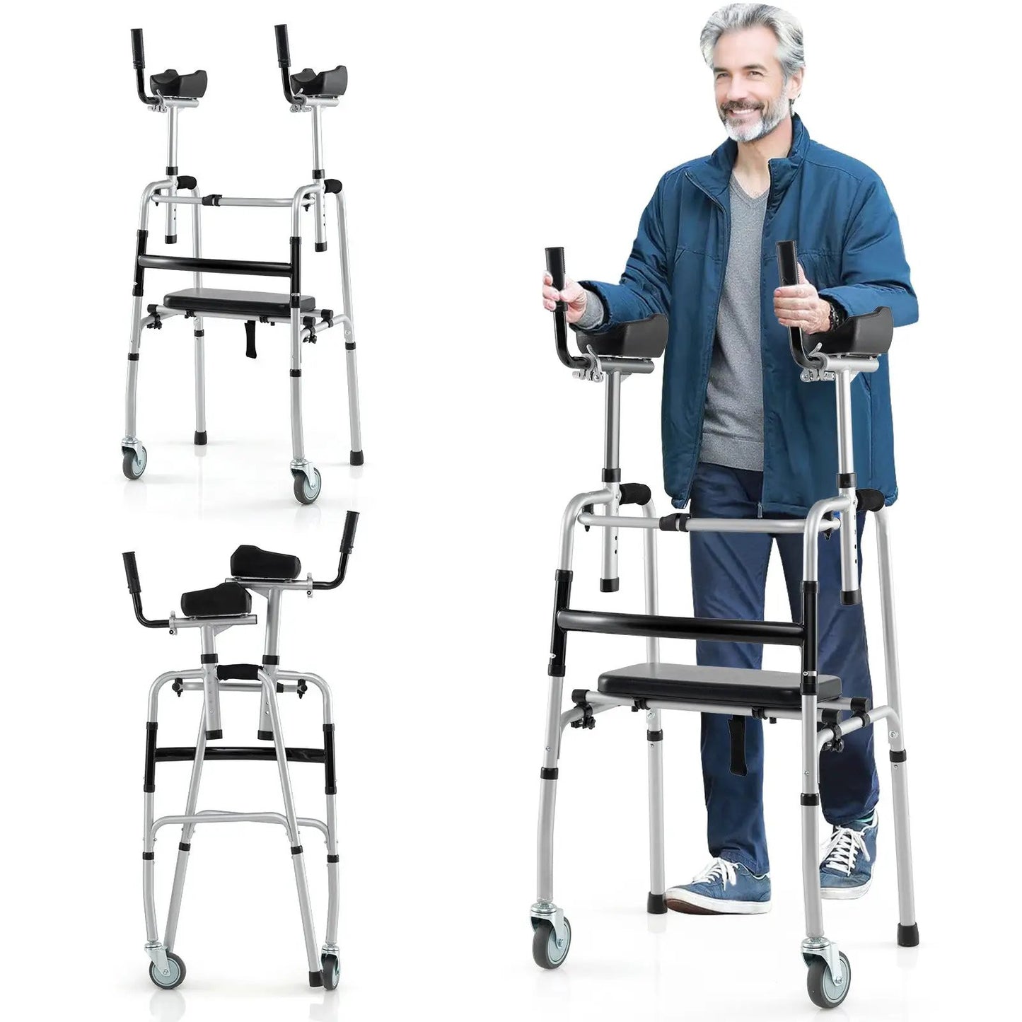 Versatile Rolling Walker for Rehab Training with silver frame and black seat on Tampa Home & Garden Store