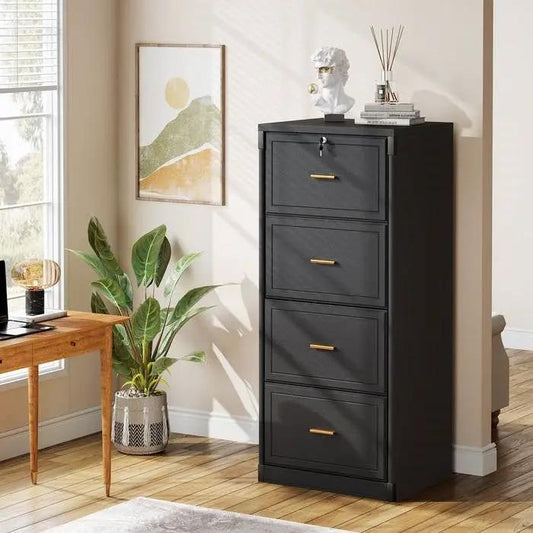 Vertical File Cabinet in black wood with four lockable drawers and brass handles on Tampa Home & Garden Store