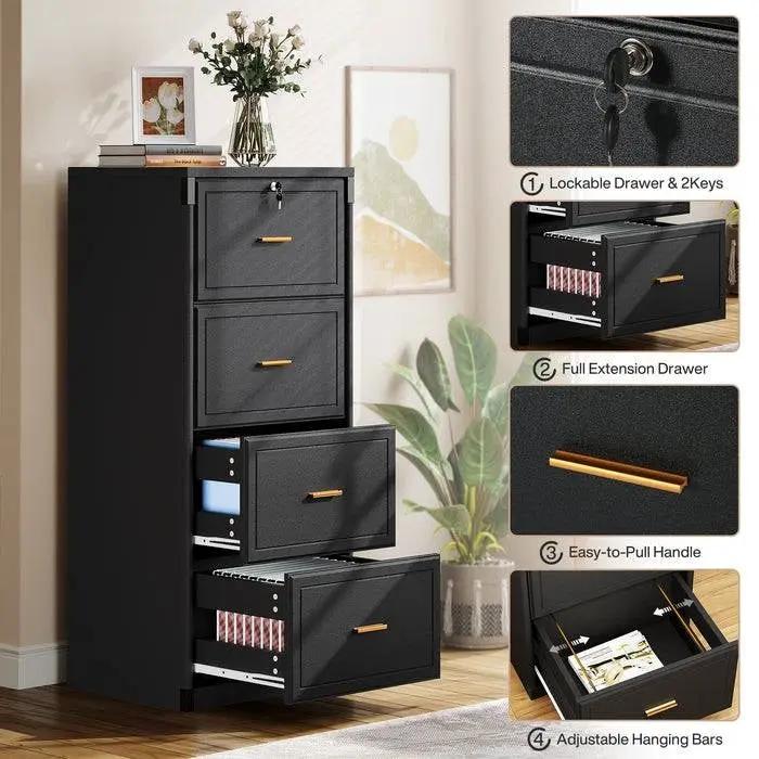 Vertical black filing cabinet with 4 lockable drawers and gold-tone handles by HomePacific on Tampa Home & Garden Store