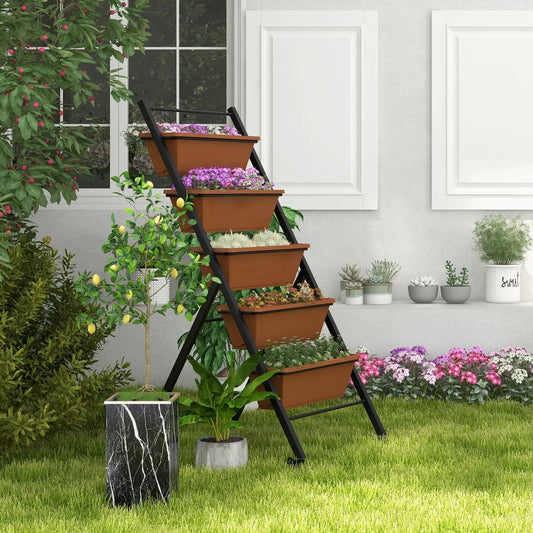 5-Tier Vertical Raised Garden Bed with Wheels and Container Boxes-Brown - Tampa Home & Garden Store