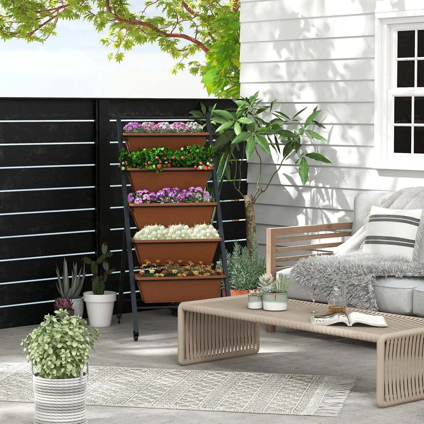 5-Tier Vertical Raised Garden Bed with Wheels and Container Boxes-Brown - Tampa Home & Garden Store