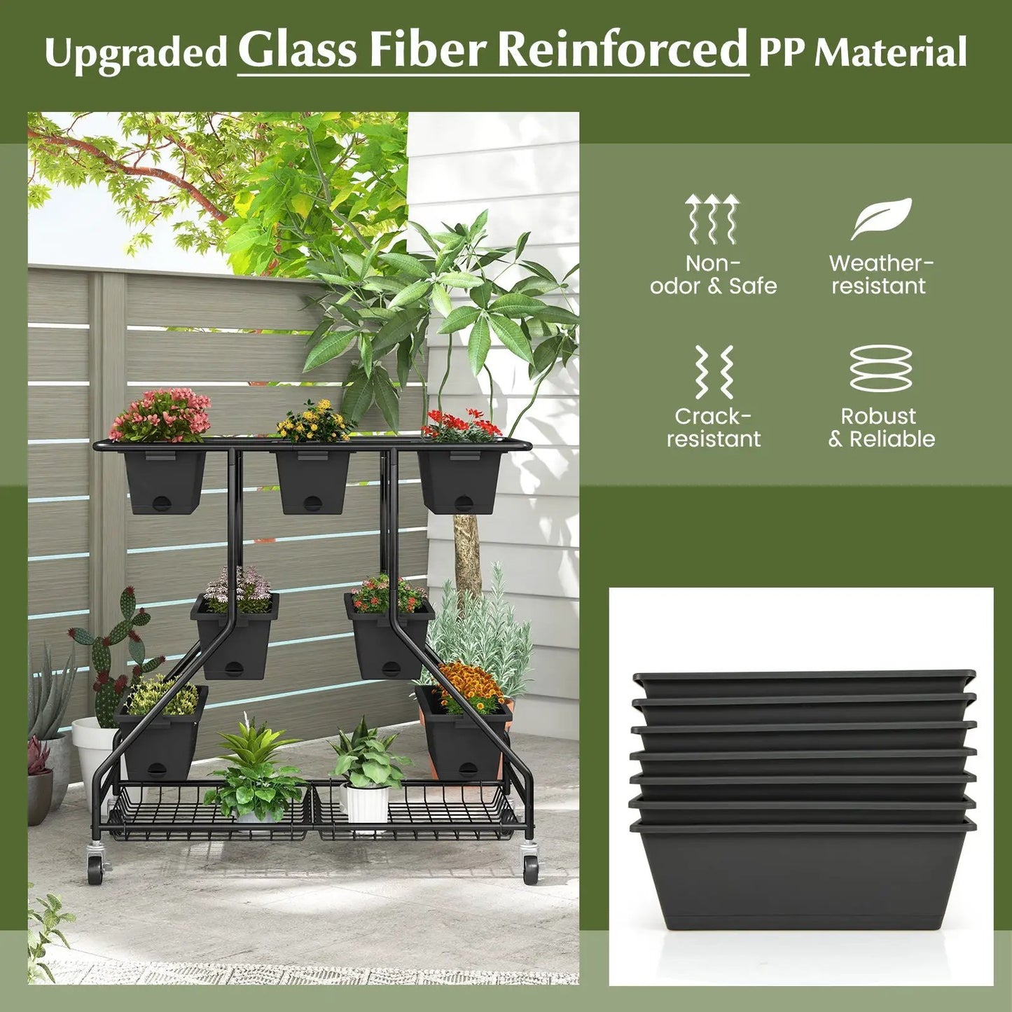 Vertical raised garden bed with 7 black planter boxes on a wheeled metal frame DirectDeals on Tampa Home & Garden Store