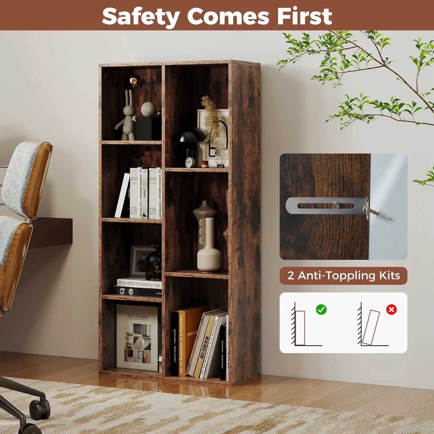 Freestanding bookshelf with 7 compartments in dark wood veneer filled with books DirectDeals on Tampa Home & Garden Store