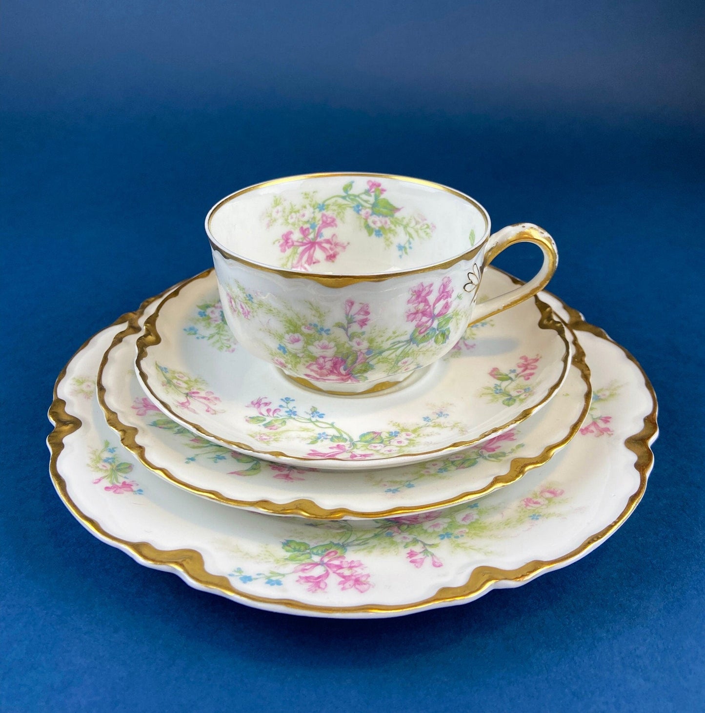 Very Light Weight Porcelain Cup and Saucer. M&K Austria. Delicate Rose Garlands and Scalloped Edges. Heart Shaped Handle. Gift for Her. - Tampa Home & Garden Store