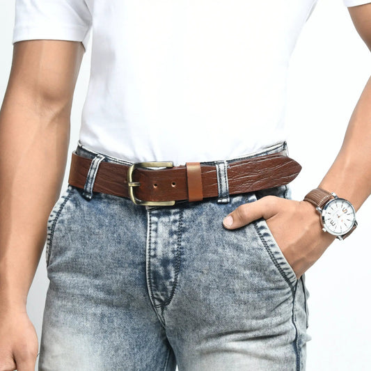 Vibrant brown full-grain leather belt with brass buckle worn with denim jeans on Tampa Home & Garden Store