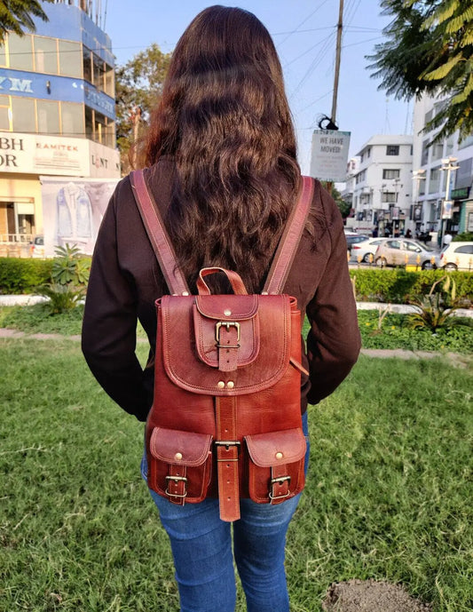 Victoria Small Goat Leather Urban Backpack burgundy with buckle flap and two front pockets on Tampa Home & Garden Store