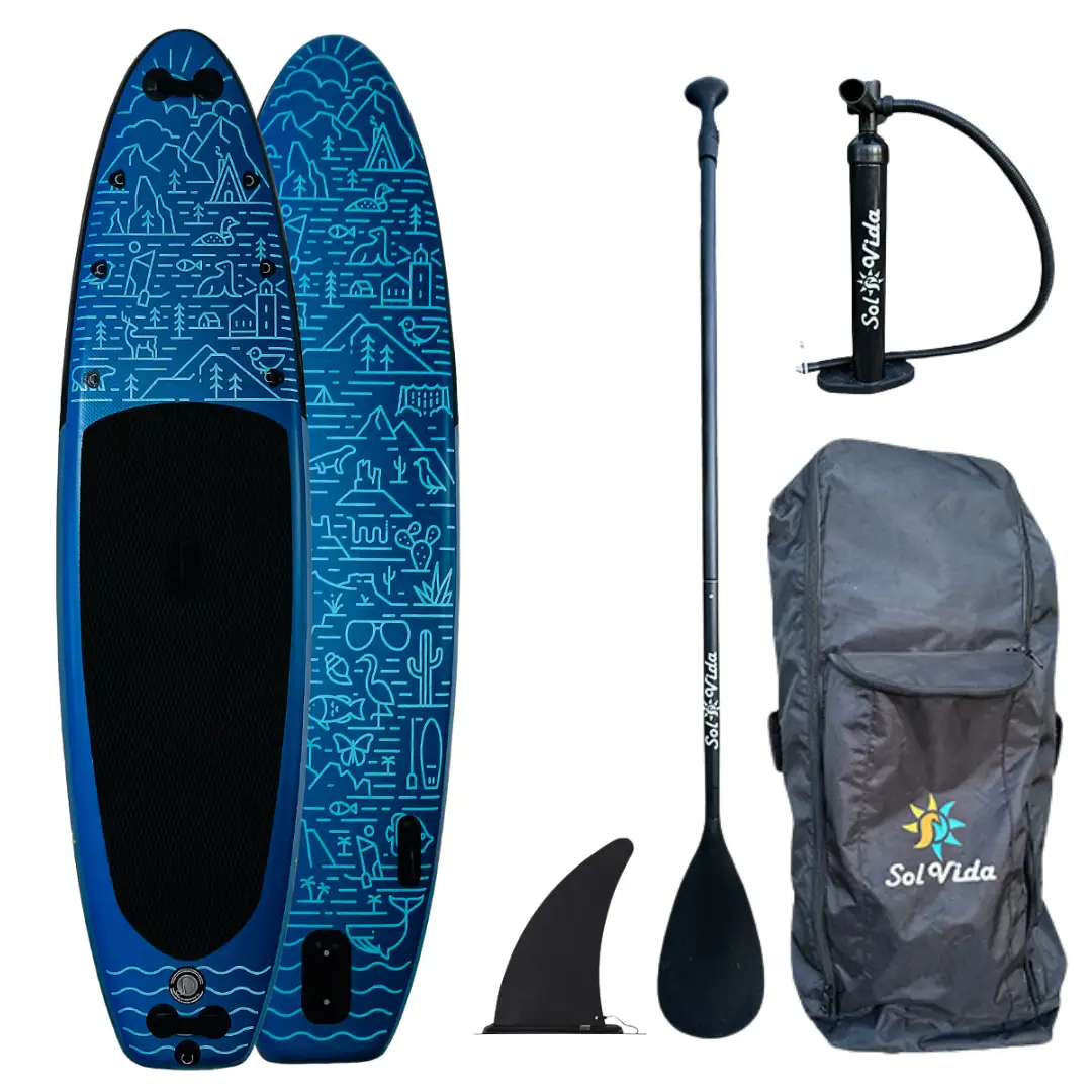 VidaGlide Oasis Pack inflatable paddle board blue graphic, includes paddle, pump, fin SolVida on Tampa Home & Garden Store