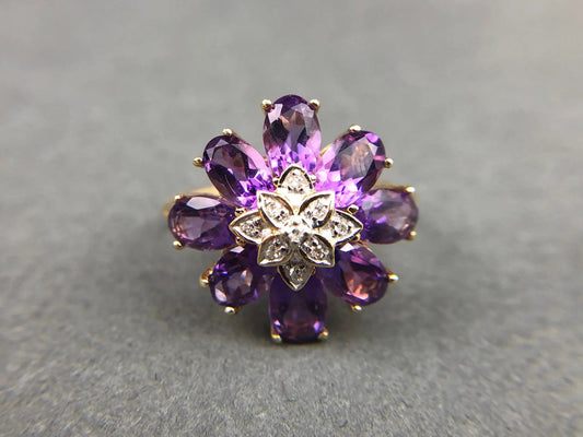 Vintage 10k gold amethyst and diamond ring with purple flower cluster on Tampa Home & Garden Store