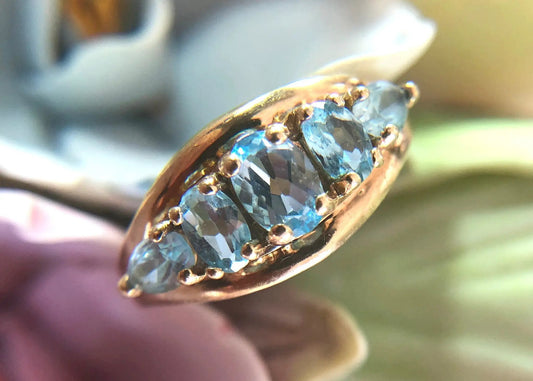 Vintage 10k gold ring with five blue topaz stones in a prong setting on Tampa Home & Garden Store