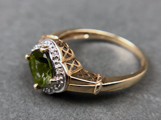 Vintage 10k Gold Ring with Natural Green Peridot and Diamond Halo. Gift for Her. - Tampa Home & Garden Store