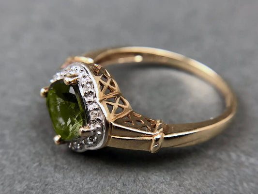 Vintage 10k Gold Ring with Natural Green Peridot and Diamond Halo. Gift for Her. - Tampa Home & Garden Store
