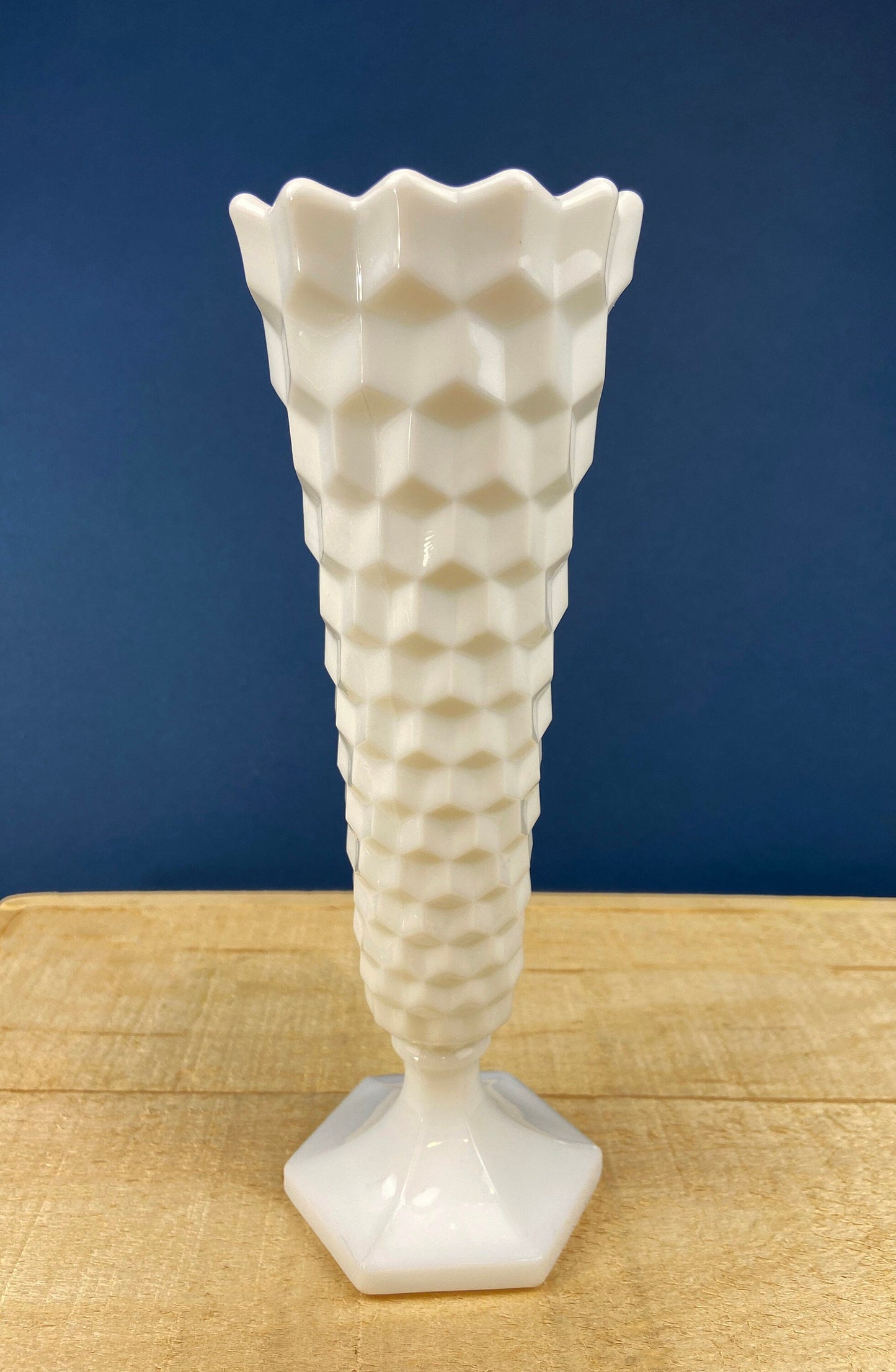 Vintage 6" White Trumpet Vase. Milk Glass, Raised Pattern. Dots, Stars, Flowers, and Scalloped Edge. Small Footed Milk Glass Flute Vase. - Tampa Home & Garden Store