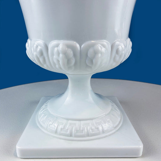 Vintage 7" Milk Glass Urn or Compote Pedestal with Greek Key & Wheat Motif. White Footed E.O Brody Planter. Herb Garden. Dining Room Decor. - Tampa Home & Garden Store
