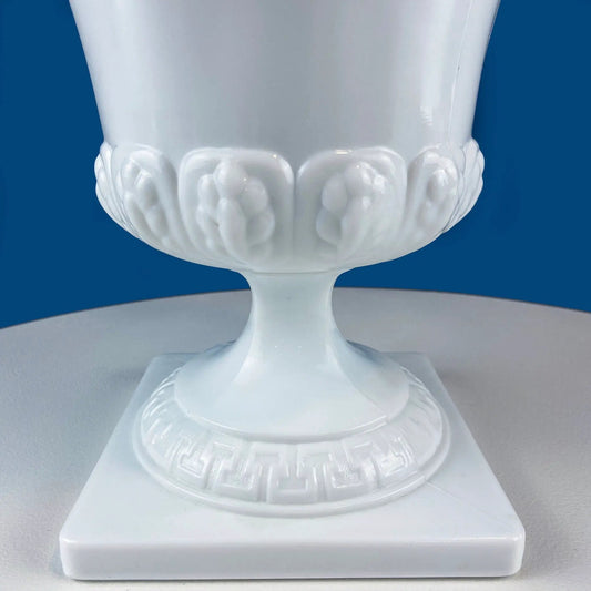 Vintage 7" Milk Glass Urn or Compote Pedestal with Greek Key & Wheat Motif. White Footed E.O Brody Planter. Herb Garden. Dining Room Decor. - Tampa Home & Garden Store