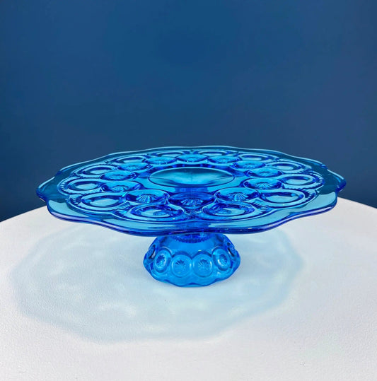 LE Smith Moon and Stars aqua blue glass bowl, decorative footed dish with scalloped edge on Tampa Home & Garden Store