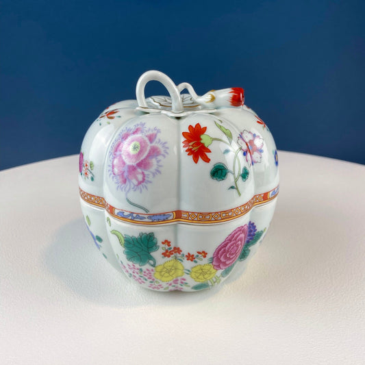 Vintage Asian Style Porcelain Jar with Lid. Shaped like Apple. Collectible Trinket Storage Bowl. Round Jar with 3D Flower Bud. Home Decor. - Tampa Home & Garden Store