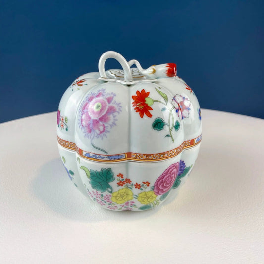 Vintage Asian porcelain apple-shaped jar with lid, white ceramic adorned with vibrant floral motifs on Tampa Home & Garden Store
