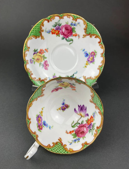 Aynsley fine bone china tea cup and saucer floral with green border and gold trim on Tampa Home & Garden Store
