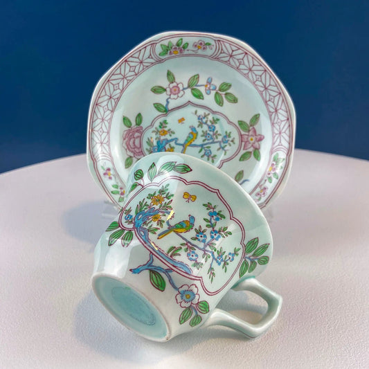 Vintage Adams Calyx Ware teacup and saucer with blue-green glaze and floral bird motif on Tampa Home & Garden Store