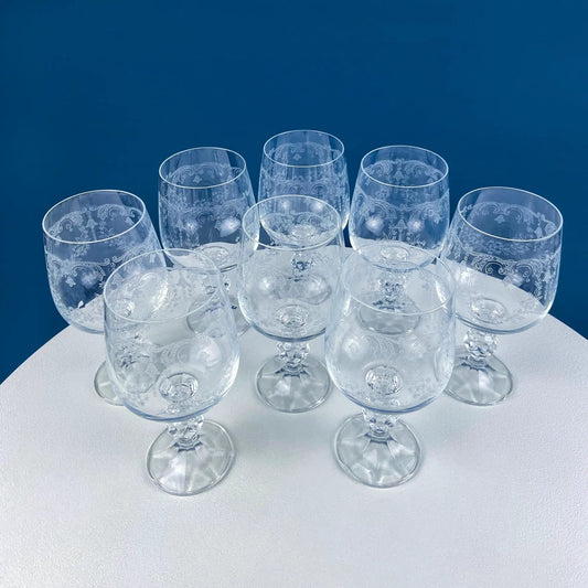 Crystal goblets set of 8 featuring Queen Lace etched motif, vintage stemware on Tampa Home & Garden Store