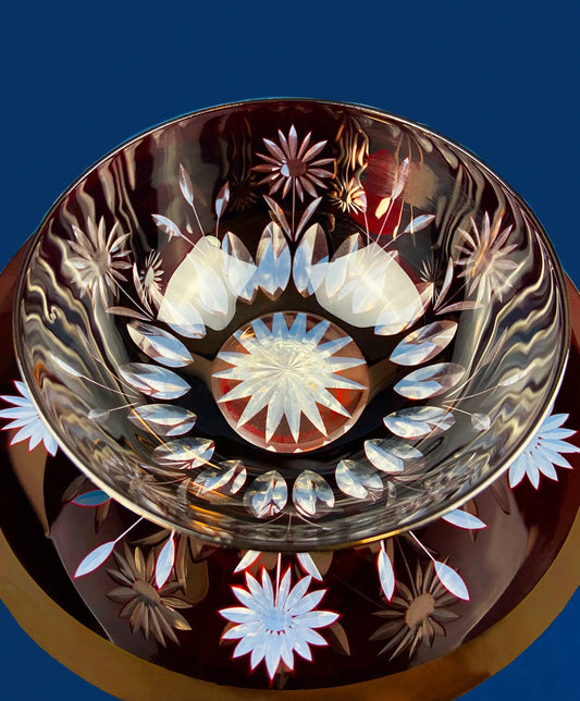 Vintage Bohemian ruby crystal serving bowl with hand-cut starburst motif on Tampa Home & Garden Store