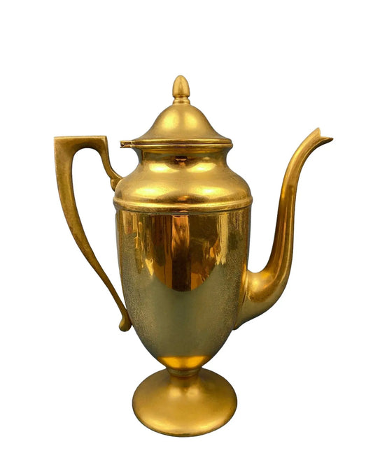 Vintage brass coffee pot with lid and curved handles, gold finish on Tampa Home & Garden Store
