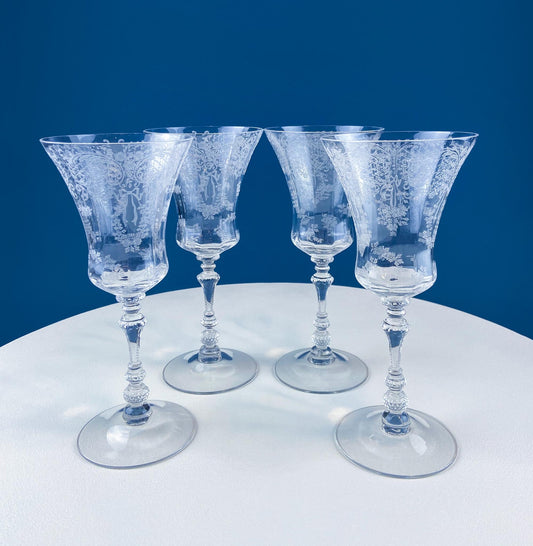 Vintage Cambridge Minerva Clear Etched Crystal Wine Goblets. Stunning Stem Design. Intricate Etching. Set of 4 Stemware. Dining Room Decor. - Tampa Home & Garden Store