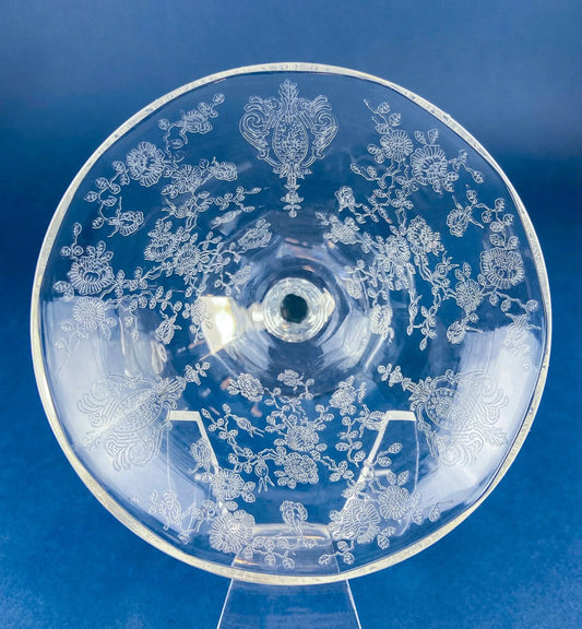 Vintage Cambridge Rose Point etched champagne glass stemware with floral pattern on clear glass on Tampa Home & Garden Store