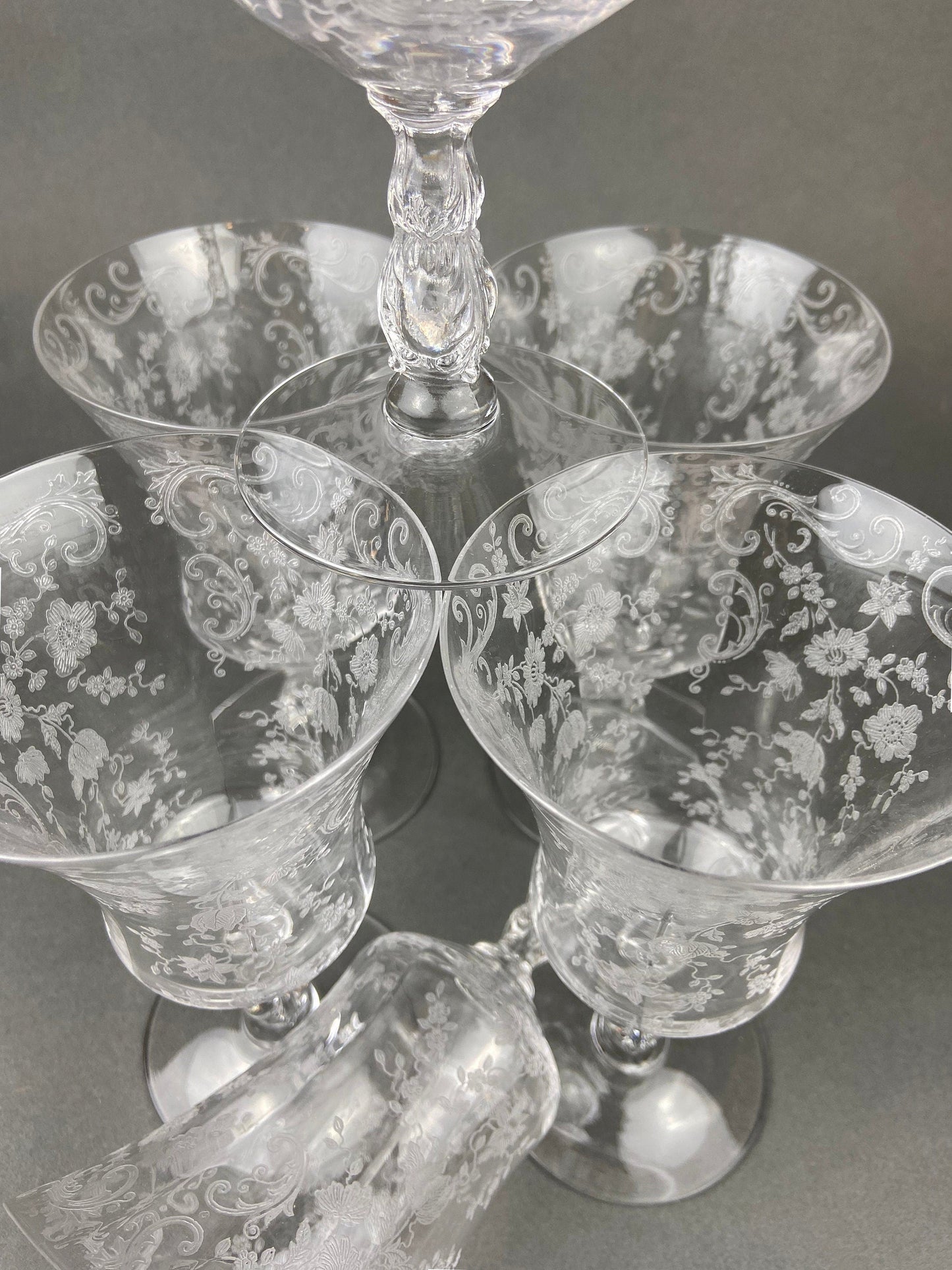 Vintage Cambridge Rose Point Champagne Glasses. Set of Five Tall Sherbets. Floral Etching Stemware. Fine Dining. Wedding Gift Idea. - Tampa Home & Garden Store