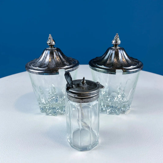 Vintage glass jars with silver-plated lids, clear faceted bodies, set of 3 on Tampa Home & Garden Store