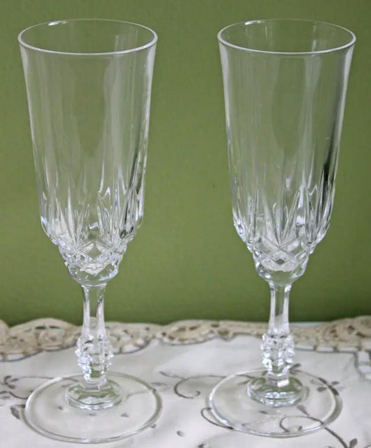 Vintage crystal champagne glasses eight piece set, two shown with ornate faceted stems on Tampa Home & Garden Store