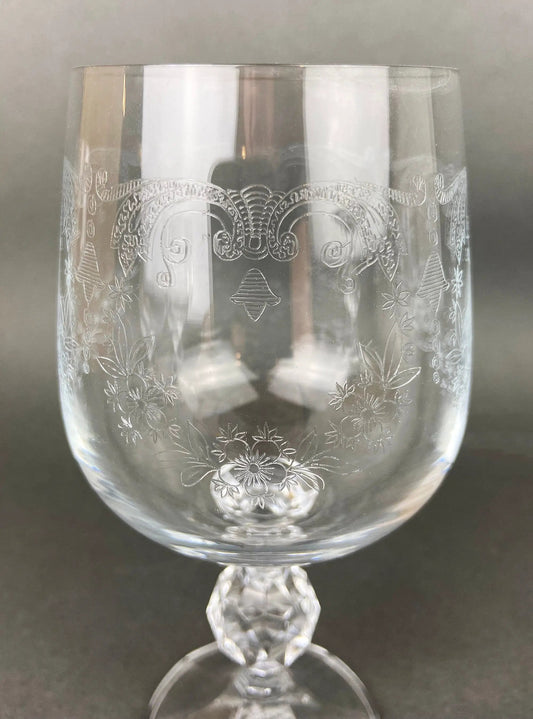 Vintage Bohemia crystal goblets Queens Lace six with etched floral band on clear stemware on Tampa Home & Garden Store