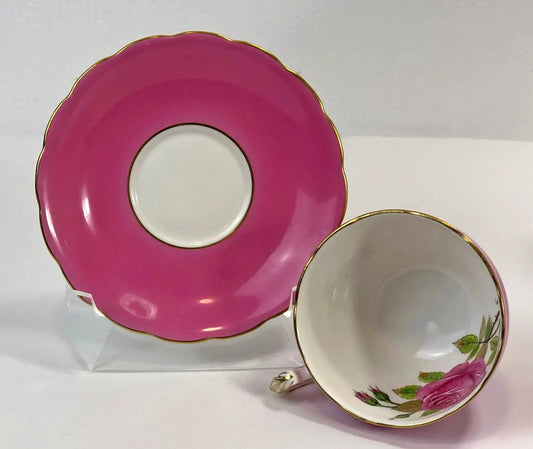 Staffordshire Vintage cup and saucer tea set with pink scalloped saucer and gold rim white floral cup on Tampa Home & Garden Store