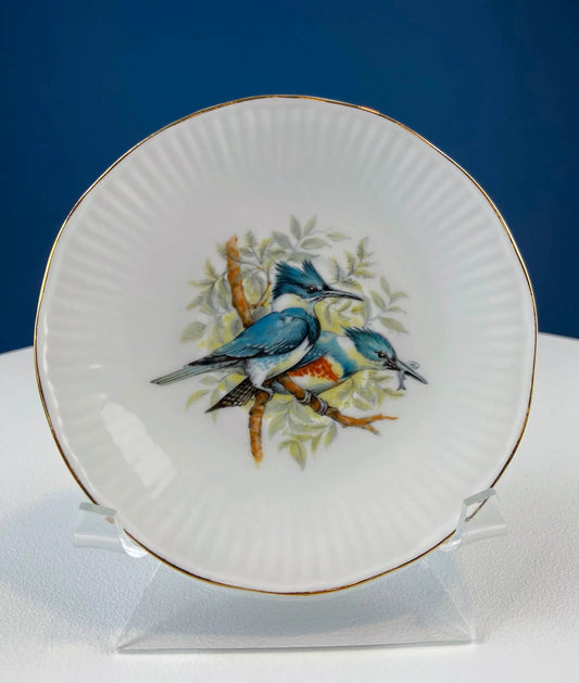 Vintage teacup and saucer with blue kingfisher birds on branch, bone china, gold trim on Tampa Home & Garden Store