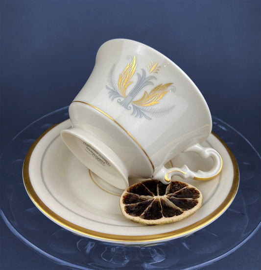 Syracuse Governor Clinton cups and saucers, set of 5 porcelain with gray and gold floral motif on Tampa Home & Garden Store