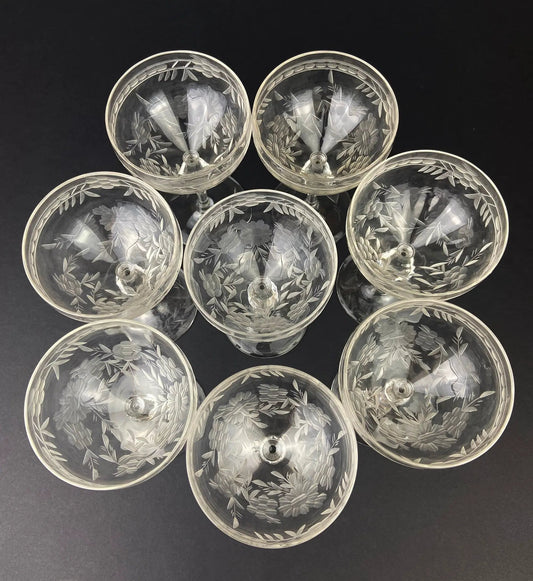 Vintage cut crystal champagne glasses with daisy motif, set of 9 stemware on Tampa Home & Garden Store