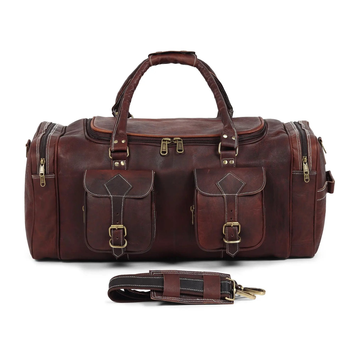 Vintage full-grain leather duffle bag dark brown by Classy Leather Bags with detachable strap on Tampa Home & Garden Store