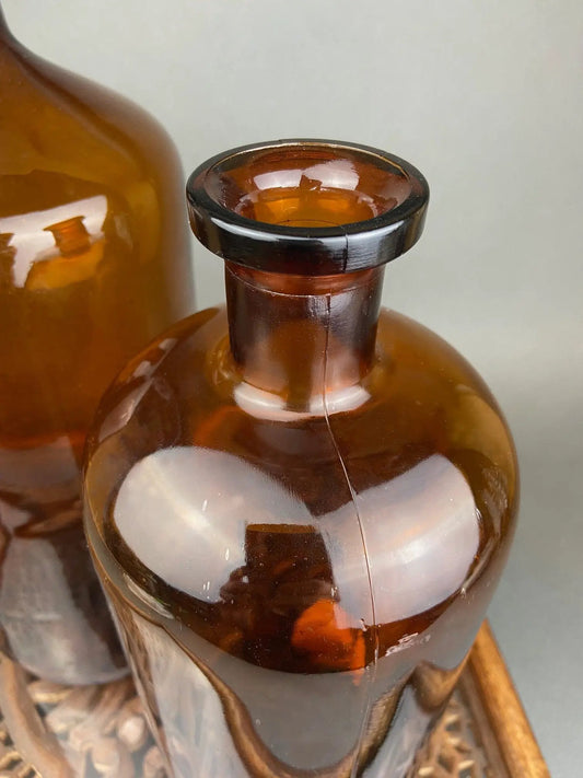 Vintage amber glass bottles for display; large round-neck bottles with dark collars on Tampa Home & Garden Store