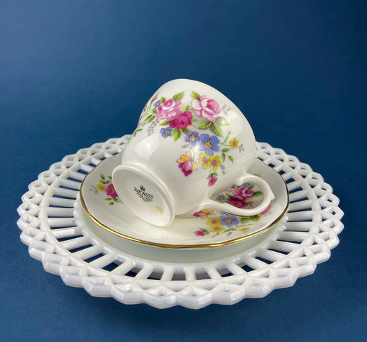 Vintage Duchess bone china teacup and saucer with floral pattern and gold rim on tray on Tampa Home & Garden Store
