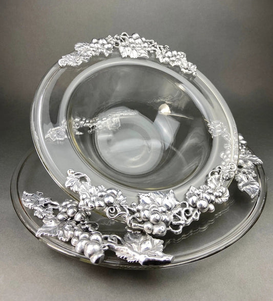 Vintage glass serving bowl and platter with ornate silver grapevine trim on Tampa Home & Garden Store