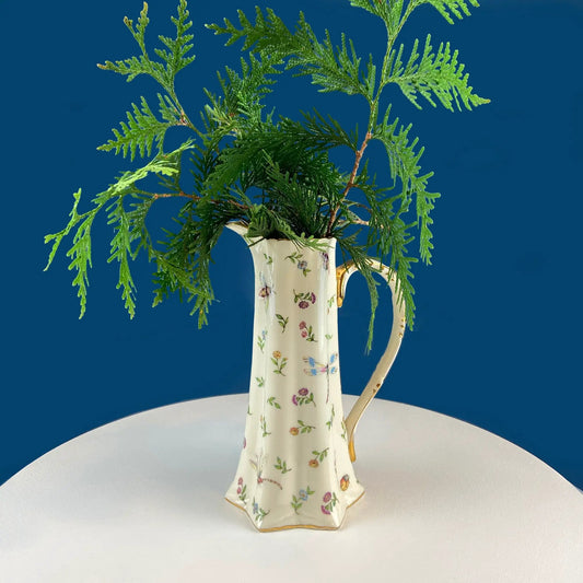 Vintage bone china pitcher with bohemian floral pattern and greenery inside on Tampa Home & Garden Store
