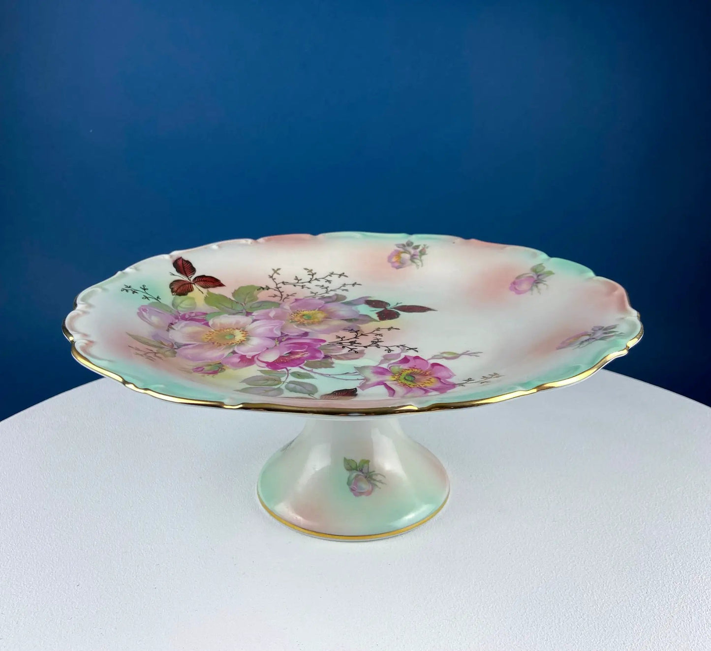 Porcelain vintage bone china pitcher with Bohemian floral pastel design and gold rim on Tampa Home & Garden Store