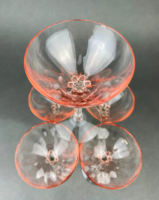Fostoria pink crystal claret stemware set of five with orange rims and etched floral motif on Tampa Home & Garden Store