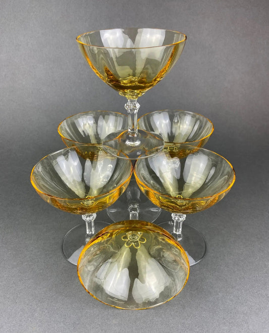 Vintage Fostoria Topaz Champagne Glasses, amber bowls with gold rims and clear stems, six on Tampa Home & Garden Store