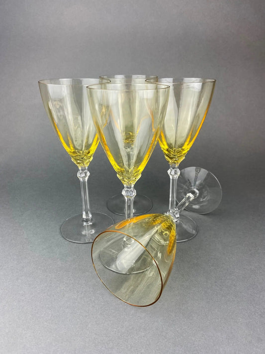 Vintage Fostoria Topaz wine glasses, set of five, gold-rim, yellow-tinted bowls with clear stems on Tampa Home & Garden Store