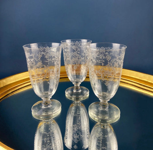 Vintage Fostoria Navarre goblets set of 6 in clear etched crystal with floral motif on Tampa Home & Garden Store