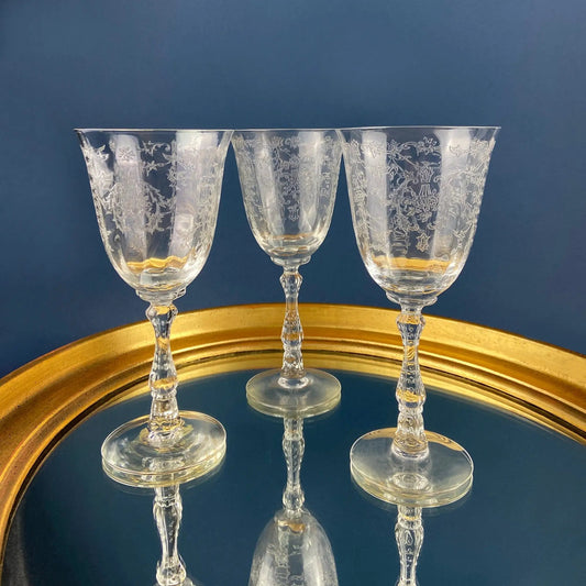 Vintage Fostoria Navarre wine goblets; etched crystal stemware set of 6 on Tampa Home & Garden Store